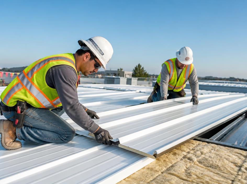 Roofing workers installing panels